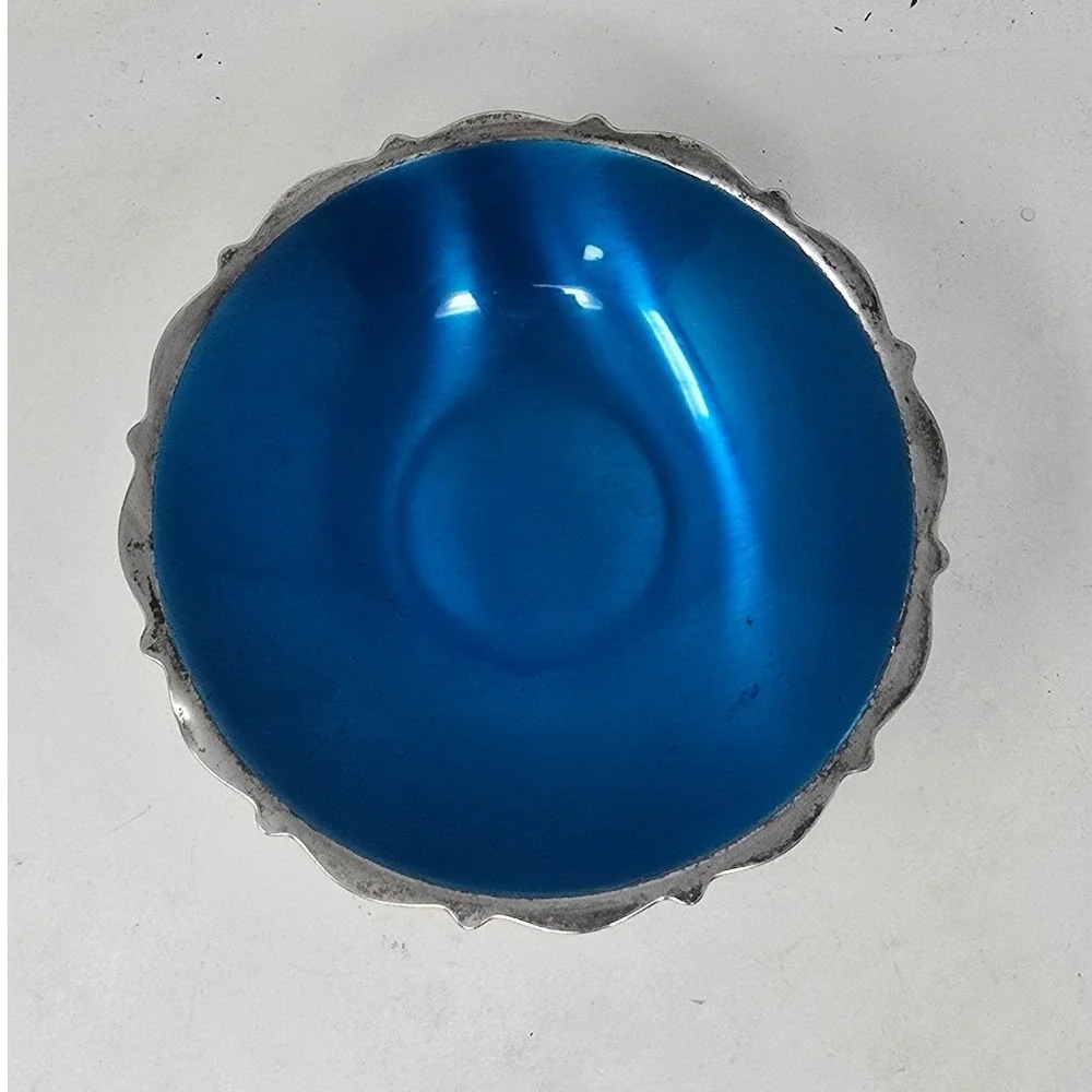 Vtg Wm. A. Rogers mid century silver plate blue enamel compote candy dish bowl